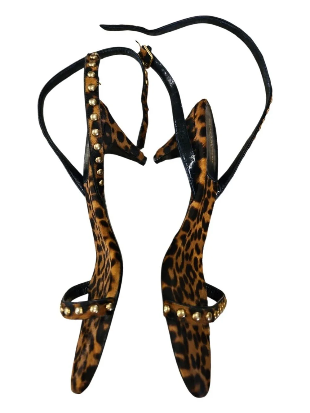 Saint Laurent SZ 8.5 Brown Calf Hair Studded 2.5" Kitten Heel Ankle Strap Sandal - Picture 3 of 11
